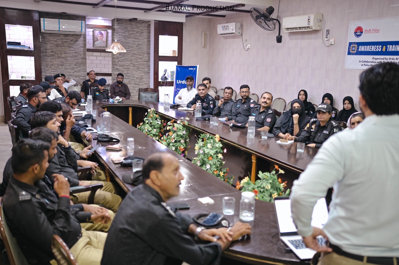 Hyderabad Police officers participating in a responsible AI discussion during an Urdu Ai workshop
